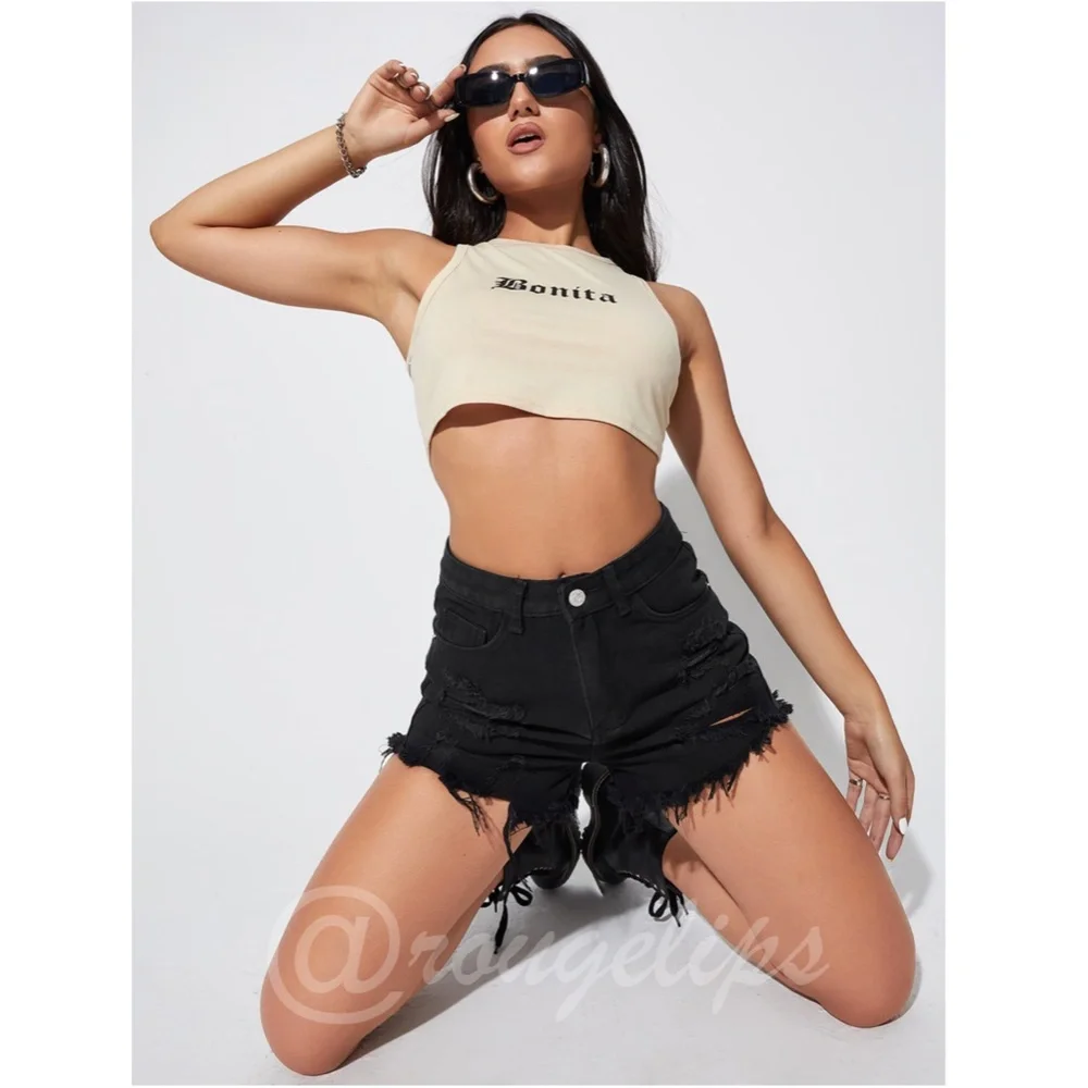 Black Denim Shorts Distressed Ripped High Waist Raw Hem - Picture 3 of 8